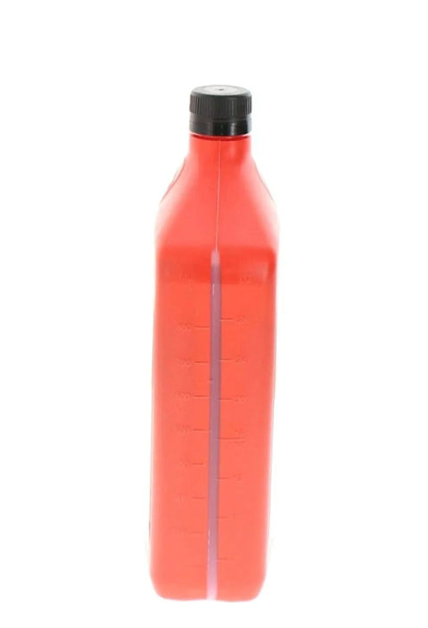 Red bottle of XT11QDC Transmission Fluid For Smooth Shifts And Top Notch Drivetrain Protection with black cap, side view