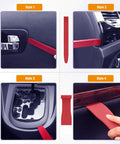 Image of 8 Piece Auto Trim Removal Tool Kit For Car Interior Dash Panels Window Molding And Fasteners Nylon Durable Impact Resistant Includes 7 Panel Tools And 1 Fastener Remover Red, showing tools being used on car interior trims.