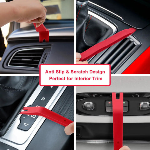 All In One 5 Piece Car Trim Removal Tool Kit With Upholstery Tools Auto Clip Pry Tool removing car interior trim red
