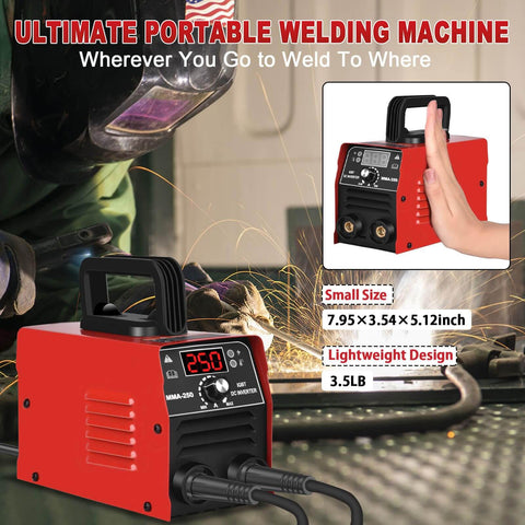 Ultra Portable 110V ARC Welder Stick Machine, 250Amp Mini GNI Welder with 20 Rods shown with welding gloves, lightweight 3.5lb design