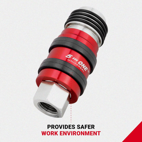 5 In One Universal Quick Connect Industrial Coupler Pro Grade For 1/4 Inch NPT, Air Hose Connection And Safety Exhaust, Red