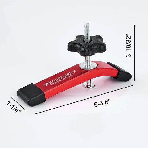Double Cut Universal T Track Hold Down Clamps 2 Pack For T Slot Workholding Red Anodized With Rubber Pads, dimensions annotated.