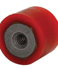 Red round bumper with female thread in urethane, high durometer 80-90 Shore A, 5/16-18 x 1/4 thread, durable protective bumper, industrial use.