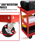 Side view of a red Three Tier Stainless Steel Service Cart With Smooth Rolling Wheels For Garage, Warehouse, And Workshop, 400 Pound Capacity, Heavy Duty Utility Cart With Lockable Casters, Easy Assembly, Built To Haul Tools And Parts By Big Red, with focus on rotating wheels.