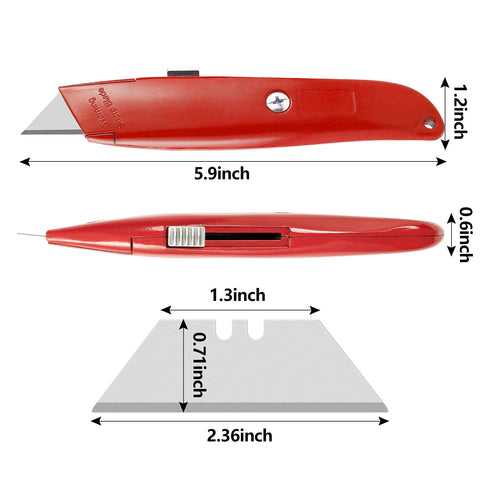 2 Pack Utility Knife Box Cutter Retractable Razor Blade Heavy Duty Box Cutters Knife PVC Pipe Cutter shown in dimensions