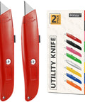 2 Pack Utility Knife Box Cutter Retractable Razor Blade Heavy Duty Box Cutters Knife PVC Pipe Cutter All Metal Construction With Durable Aluminum Alloy Shell And SK5 High Carbon Steel Blade Ideal For Cutting Paper Cardboard Rope Carpet Packaging, red knives and packaging