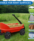 13 Inch Flat Free Wheels Tires 4.00-6 Solid Replacement Set of 2 installed on a red wagon suitable for grass, stone, dirt, and snow.