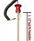 Universal Weight Stack Pin For Commercial Gyms And Home Gyms Heavy Duty Aluminum Alloy Pin With Three Eighths Inch Diameter And Five And A Half Inch Insert Anti Rust Coating Anti Theft Locking Cable Health Club Grade Steel Red Built To Last showing locking cable and dimensions