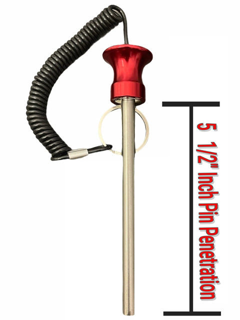 Universal Weight Stack Pin For Commercial Gyms And Home Gyms Heavy Duty Aluminum Alloy Pin With Three Eighths Inch Diameter And Five And A Half Inch Insert Anti Rust Coating Anti Theft Locking Cable Health Club Grade Steel Red Built To Last showing locking cable and dimensions