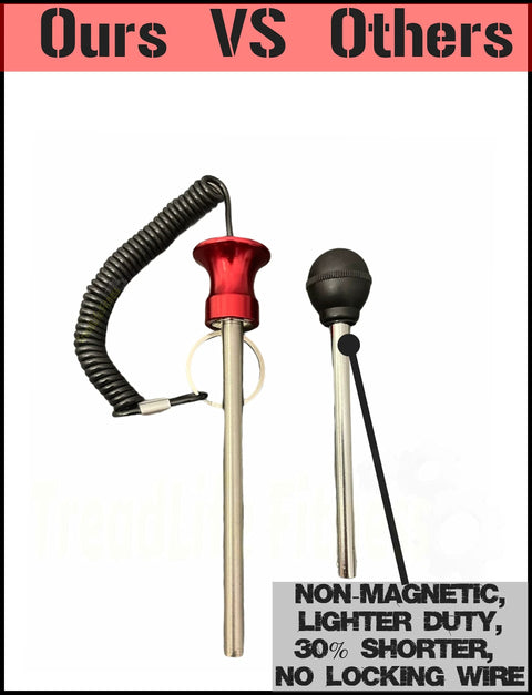 Comparison of universal weight stack pin for commercial gyms against a lighter pin, showing heavy-duty aluminum, anti-theft cable.