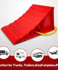 Heavy Duty Wheel Chocks For Travel Trailers, HOXWELL Two Pair Non Slip Red Blocks With Rope shown in triangular plastic design