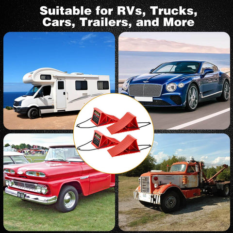Heavy Duty Wheel Chocks For RVs And Campers, 4 Pack With Rope, Non Slip Hard Plastic Chocks That Keep Your Ride In Place On Any Terrain, Durable And Easy To Remove, Red PAHTTO shown in use with RVs, trucks, cars, and trailers in various environments.