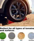 Heavy Duty Wheel Chocks For RVs And Campers, 4 Pack With Rope, Non Slip Hard Plastic Chocks That Keep Your Ride In Place On Any Terrain, Durable And Easy To Remove, Red PAHTTO securing a car wheel on dirt terrain