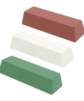 Three piece buffing and polishing compound kit with red coarse, white medium, and green fine bars delivers a smooth mirror finish