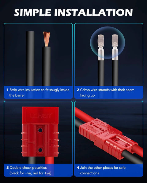 Simple installation steps for 4 Pack 50A Wire Connector Kit For 6 To 12 Gauge Cables, showing stripping and crimping process.