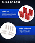 4 Pack 50A Wire Connector Kit For 6 To 12 Gauge Cables, Quick Connect Disconnect Set For 12V 24V 36V Batteries, Weatherproof Red Plugs For Car Bike ATV Winches Lifts Motors And More, Plug And Play No Fuss Heavy Duty Electrical Connector Set with rugged red shell and silver-plated copper pin terminals for durability and reliability.