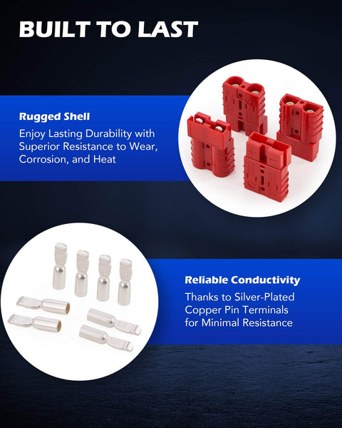 4 Pack 50A Wire Connector Kit For 6 To 12 Gauge Cables, Quick Connect Disconnect Set For 12V 24V 36V Batteries, Weatherproof Red Plugs For Car Bike ATV Winches Lifts Motors And More, Plug And Play No Fuss Heavy Duty Electrical Connector Set with rugged red shell and silver-plated copper pin terminals for durability and reliability.