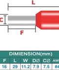 Diagram showing dimensions for red terminal in 80 Piece Wire Ferrule Kit With 40 Black And 40 Red Insulated Terminal Crimps For 25 mm2 And 4 AWG Cables