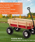Wooden garden cart with 10 inch solid polyurethane tires 4.10 to 3.50-4 on grass, highlighting puncture resistant wheels
