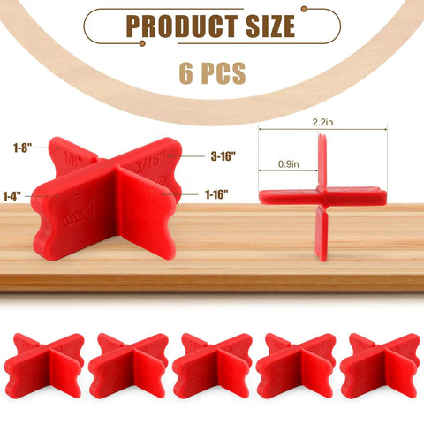 Six Piece Deck Spacer Tool Set With Four Size X Shaped Spacers For One Sixteenth One Eighth Three Sixteenths One Quarter Inch Gaps On Composite Or Pressure Treated Wood ABS Plastic Red Deck Spacers For Clean Even Gaps And Faster Deck Building