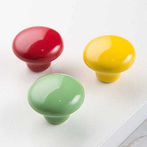 Red Ceramic Knobs Set Of 4 For Cabinets And Drawers Round Colored Drawer Handles For Kitchen Cabinets Dresser And Wardrobe Hardware Durable Zinc Alloy Construction Smooth Finish Child Safe Design shown in red, yellow, and green colors.