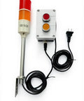 Two Stack Red And Yellow LED Tower Light With On Off Switch For Industrial Use Pro Grade Andon Signal Lamp Durable Aluminum PC ABS Housing Extension Cord US Plug with visible switch box and US plug.