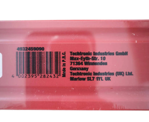 Packaging of Ultra Slim Redstick 16 Inch Level showing barcode and manufacturer info, Techtronic Industries, Germany, UK