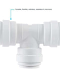 Front view of Reducing Tee Three Eighths To Three Eighths And One Quarter Inch OD Push To Connect Plastic Plumbing Fitting With EPDM O Rings.