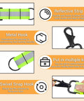Reflective keychain with swivel snap hook and metal hook, showing features like reflective strip and key compatibility