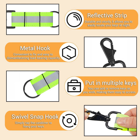 Reflective keychain with swivel snap hook and metal hook, showing features like reflective strip and key compatibility