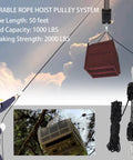 Reflective Rope Hoist 50 Ft 4.5mm Rope 5:1 Block And Tackle System lifting a box against sky background