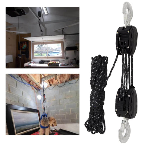 Reflective Rope Hoist 50 Ft 4.5mm Rope 5:1 Block And Tackle System 2000 Lbs Breaking Strength Zinc Plated Steel Wheel in use
