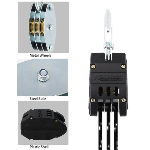 Reflective Rope Hoist 50 Ft 4.5mm Rope 5:1 Block And Tackle System with zinc-plated steel wheels and plastic casing, close-up view