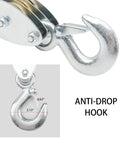 Close-up of zinc-plated anti-drop hook on Reflective Rope Hoist 50 Ft 4.5mm Rope 5:1 Block And Tackle System 2000 Lbs Breaking Strength