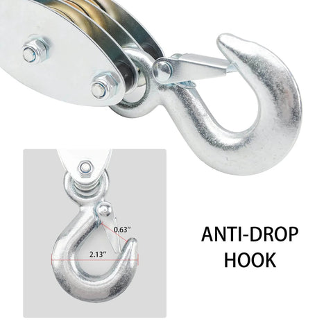 Close-up of zinc-plated anti-drop hook on Reflective Rope Hoist 50 Ft 4.5mm Rope 5:1 Block And Tackle System 2000 Lbs Breaking Strength