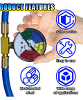 R134A Car AC Refrigerant Charge Hose Kit With Gauge For Low-Pressure Readouts, gauge showing pressure levels, hand holding gauge.