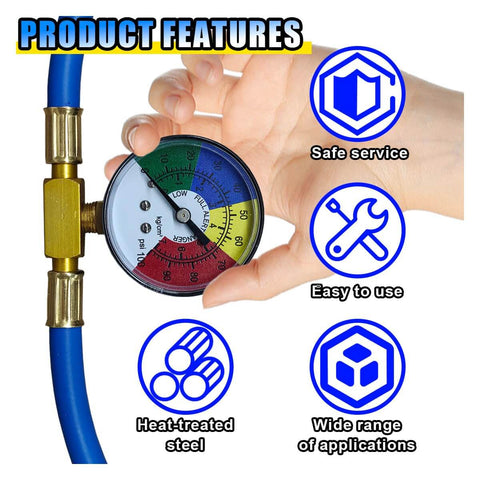 R134A Car AC Refrigerant Charge Hose Kit With Gauge For Low-Pressure Readouts, gauge showing pressure levels, hand holding gauge.