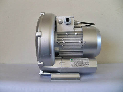 Side view of a 0.37 HP regenerative blower, single-phase, 220V, used for air movement in workshops, labs, compact manufacturing spaces.