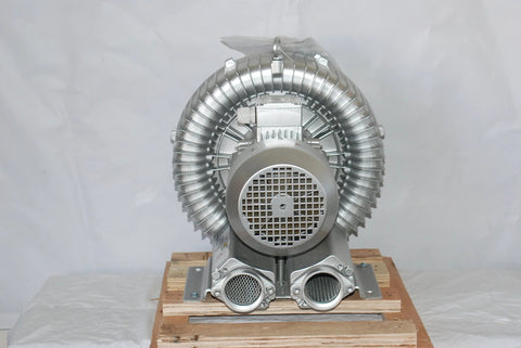 Efficient 2.8 HP regenerative blower delivers 221 CFM airflow with 64 inH2O vacuum and 60 inH2O pressure, front view on pallet