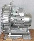 Side view of efficient 2.8 HP regenerative blower delivers 221 CFM airflow with 64 inH2O vacuum and 60 inH2O pressure, oil-free