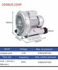 High-Pressure regenerative blower for industrial ventilation and wastewater aeration, 250W/0.33HP, aluminum body specifications