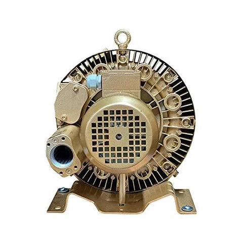 Front view of regenerative blower EKZ 60-70, showcasing high air flow at low pressure, 35 CFM, 7 PSI, oil-free and quiet design.