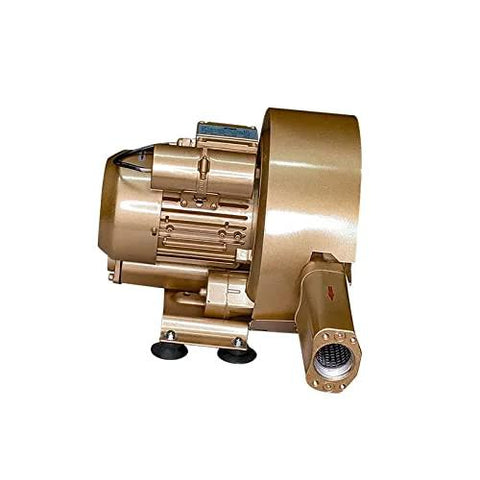 High-flow regenerative blower delivers 61 CFM at 3.6 PSI, showing side view of compact, oil-free unit with mounting base.