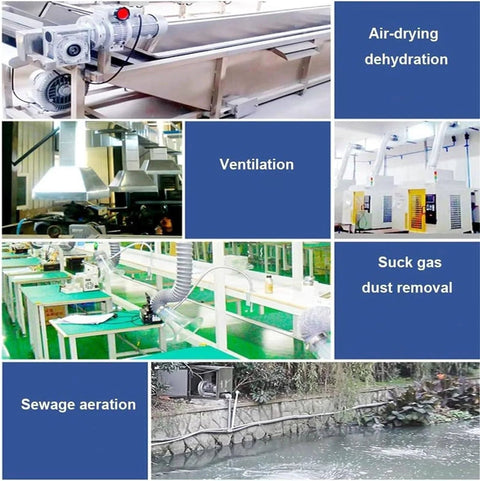 Collage showing a regenerative blower in various applications: dehydration, ventilation, dust removal, and aeration in industrial settings.