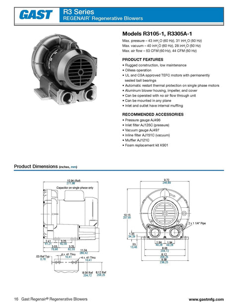 Regenerative blower delivers high-volume, oil-free air for vacuum and compressed-air tasks with up to 1.55 psi and 54 CFM, running on 120/240 VAC, featuring versatile mounting and clean, contaminant-free discharge for reliable performance.