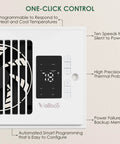 Close-up of Register Booster Fan 4x10 for Home HVAC showing control panel, grill, and features on white unit.