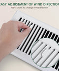 Hand adjusting blades on Register Booster Fan 4x10 for Home HVAC, 10 Speed Quiet Vent Fan with Negative Ion Technology, White