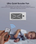 Quiet 4 By 10 Inch Register Booster Vent Fan With 10 Speed Smart Remote and Thermostat Control for HVAC, showing remote use.