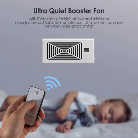Quiet 4 By 10 Inch Register Booster Vent Fan With 10 Speed Smart Remote and Thermostat Control for HVAC, showing remote use.