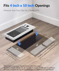 Smart Register Vent Fan For 4 By 10 Inch Register Holes With Ultra Quiet Operation Dual Intelligent Thermostat And WiFi App Control Heating And Cooling HVAC Airflow Booster Eliminates Cold Or Hot Spots Energy Saving Comfort White installed in floor vent opening
